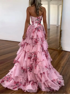 Pink Strapless A-Line Printing Tiered Chiffon Floral Long Formal Prom Dresses