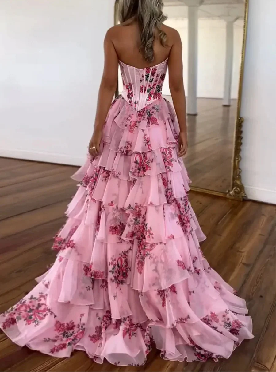 Pink Strapless A-Line Printing Tiered Chiffon Floral Long Formal Prom Dresses