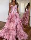 Pink Strapless A-Line Printing Tiered Chiffon Floral Long Formal Prom Dresses