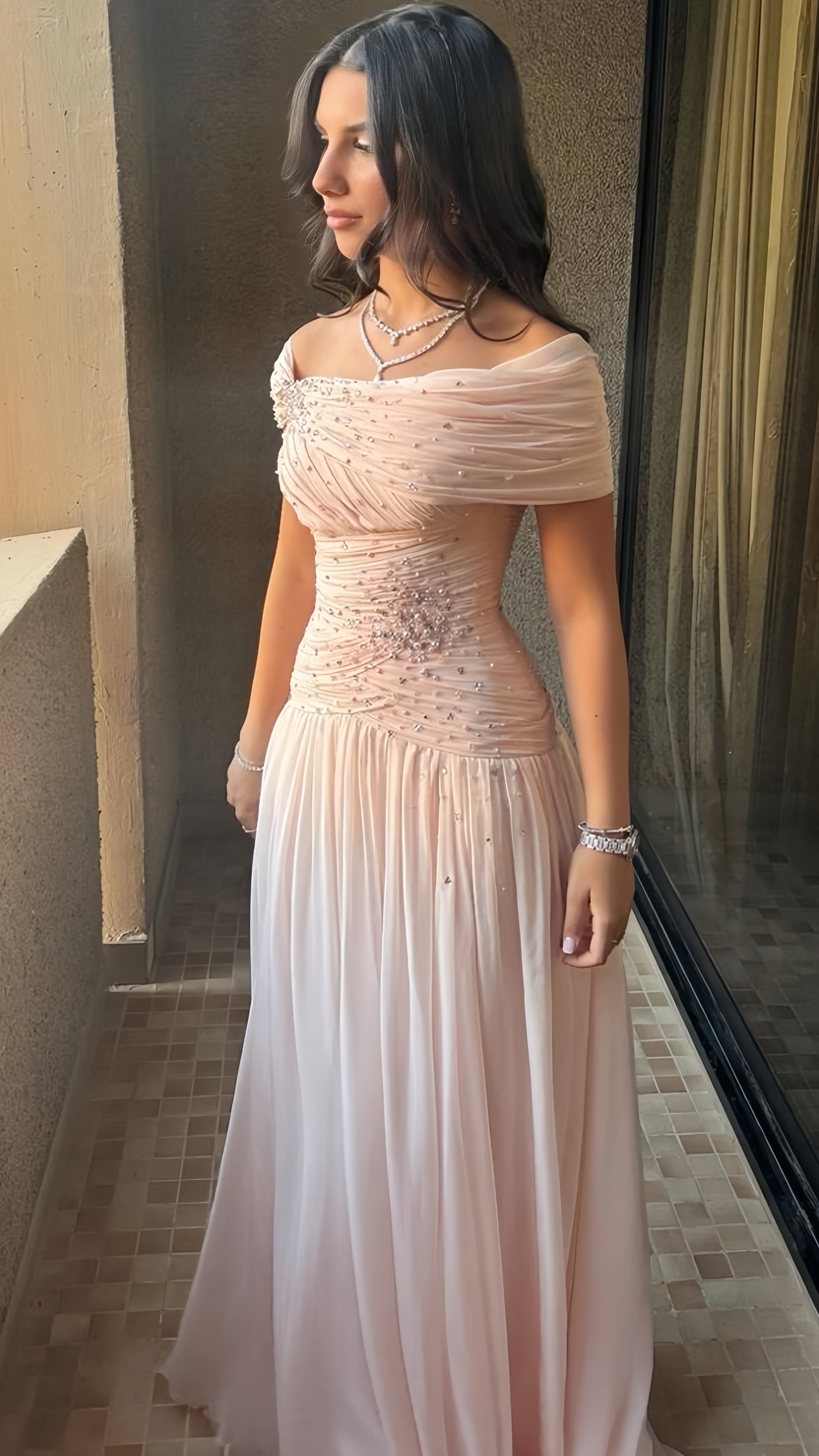 Off The Shoulder Pink Formal Evening Formal Prom Dresses With Pearl Beaded Main image