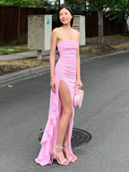Pink Strapless Lovely Ruffle Party Dresses With Split