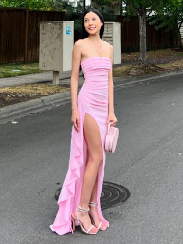 Pink Strapless Lovely Ruffle Party Dresses With Split