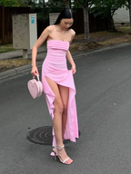 Pink Strapless Lovely Ruffle Party Dresses With Split