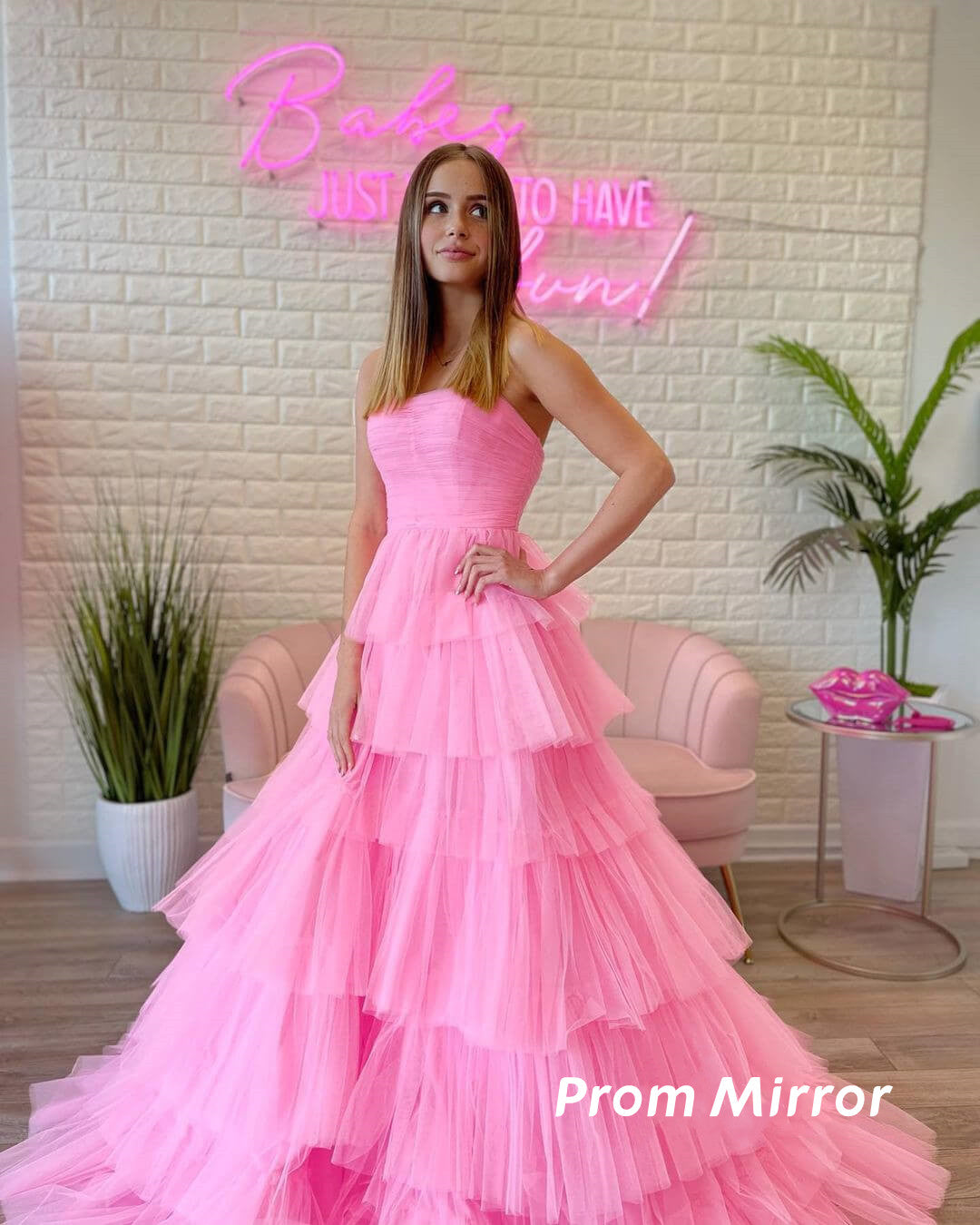 Pink Strapless Pleated Long Formal Prom Formal Evening Dresses,Tulle Formal Dance Gown Main image
