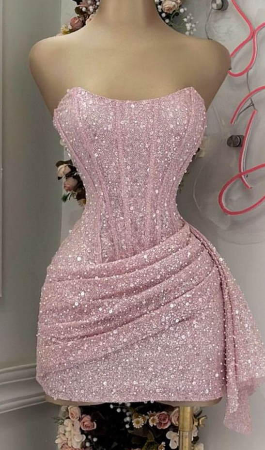Pink Strapless Sequins Party Dresses Mini Homecoming Dresses Birthday Outfits Secondary image
