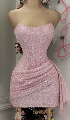 Pink Strapless Sequins Party Dresses Mini Homecoming Dresses Birthday Outfits
