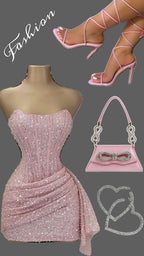 Pink Strapless Sequins Party Dresses Mini Homecoming Dresses Birthday Outfits