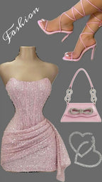 Pink Strapless Sequins Party Dresses Mini Hoco Dresses Birthday Outfits