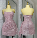 Pink Strapless Sequins Party Dresses Mini Hoco Dresses Birthday Outfits