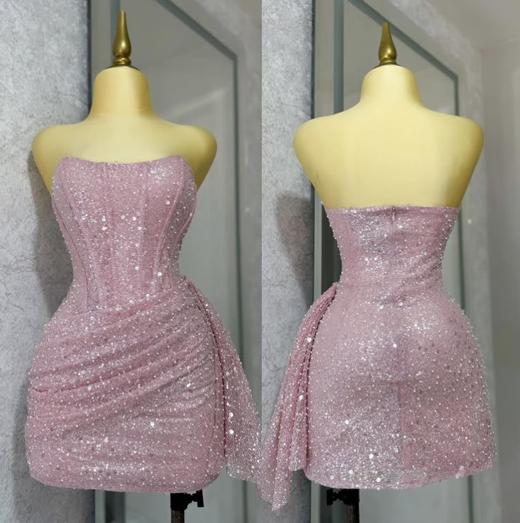 Pink Strapless Sequins Party Dresses Mini Hoco Dresses Birthday Outfits