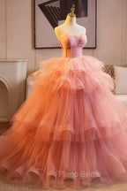 Pink Strapless Tulle Layers Ruffles Long Formal Prom Evening Dresses, Pink Sweet 16 Dresses