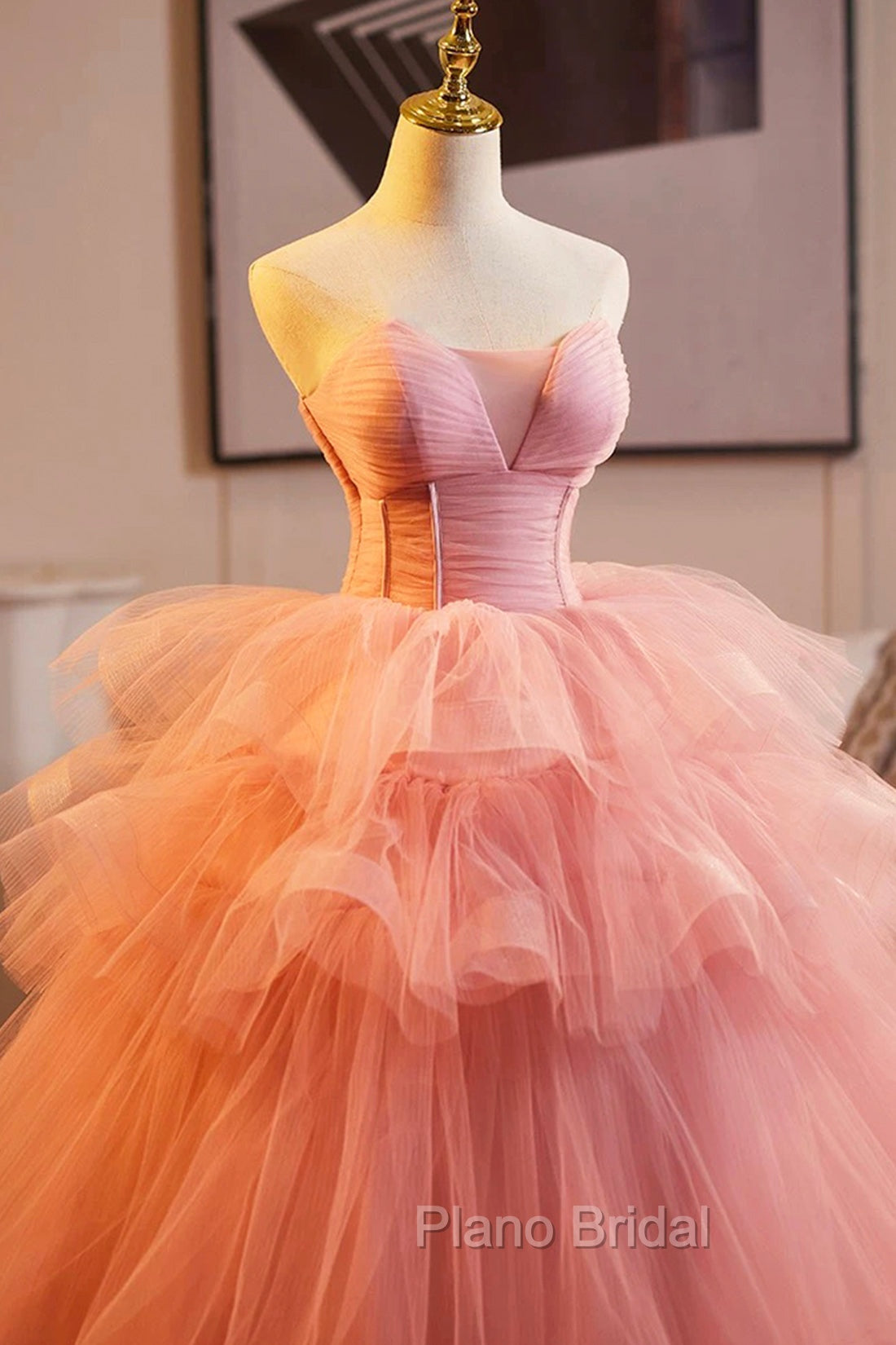 Pink Strapless Tulle Layers Ruffles Long Formal Prom Evening Dresses, Pink Sweet 16 Dresses