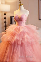 Pink Strapless Tulle Layers Ruffles Long Formal Prom Evening Dresses, Pink Sweet 16 Dresses