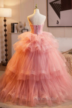 Pink Strapless Tulle Layers Ruffles Long Formal Prom Evening Dresses, Pink Sweet 16 Dresses