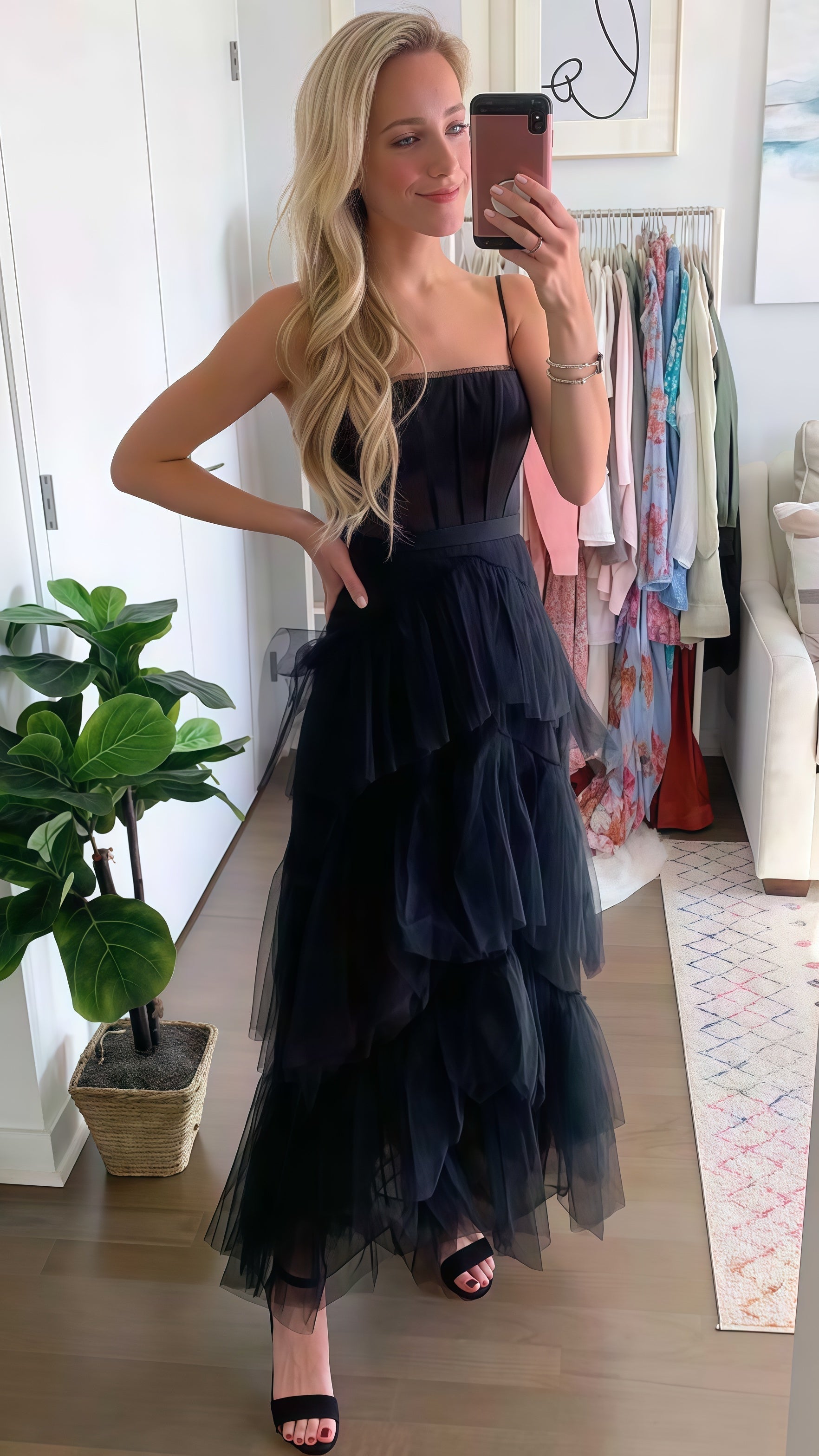 Pink Spaghetti Straps Tulle Long Formal Prom Dresses Formal Evening Dresses Ruffles Full Length Dresses