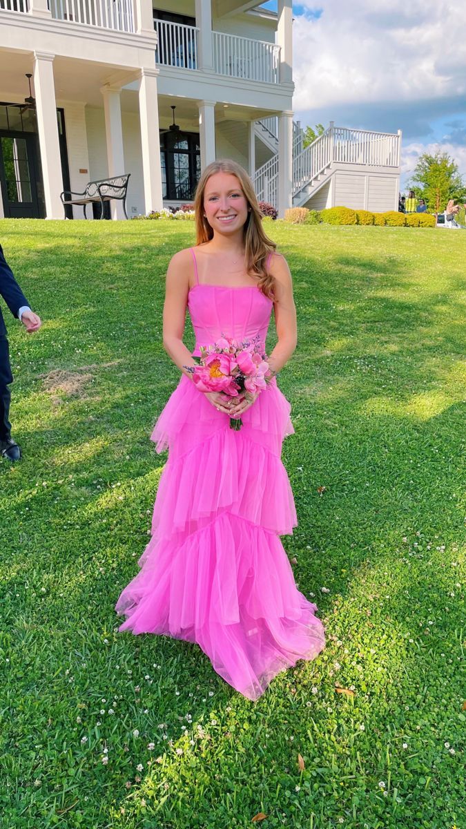 Pink Spaghetti Straps Tulle Long Formal Prom Dresses Formal Evening Dresses Ruffles Full Length Dresses