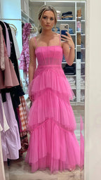 Pink Spaghetti Straps Tulle Long Formal Prom Dresses Formal Evening Dresses Ruffles Full Length Dresses