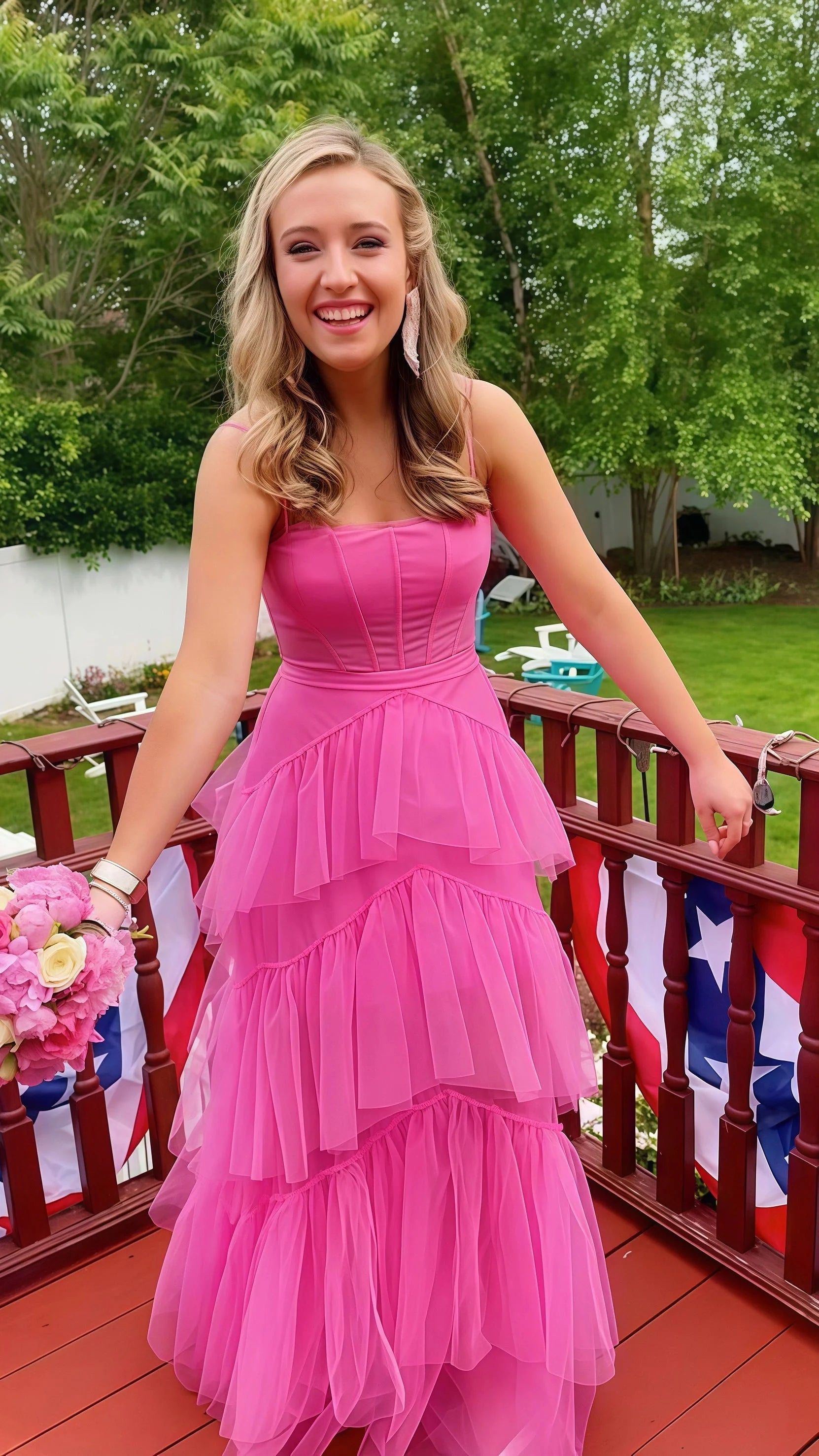 Pink Spaghetti Straps Tulle Long Formal Prom Dresses Formal Evening Dresses Ruffles Full Length Dresses
