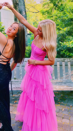 Pink Spaghetti Straps Tulle Long Formal Prom Dresses Formal Evening Dresses Ruffles Full Length Dresses
