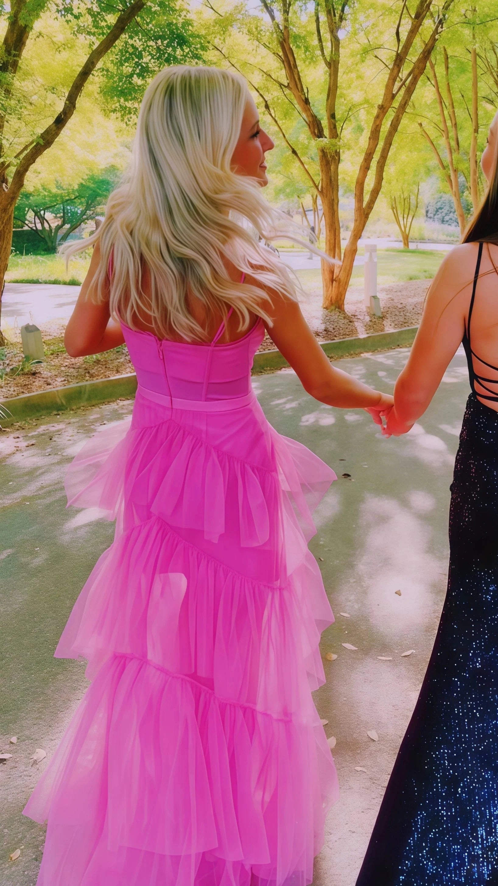Pink Spaghetti Straps Tulle Long Formal Prom Dresses Formal Evening Dresses Ruffles Full Length Dresses