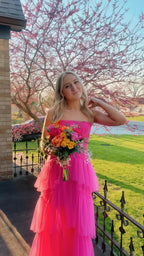 Pink Spaghetti Straps Tulle Long Formal Prom Dresses Formal Evening Dresses Ruffles Full Length Dresses