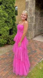 Pink Spaghetti Straps Tulle Long Formal Prom Dresses Formal Evening Dresses Ruffles Full Length Dresses