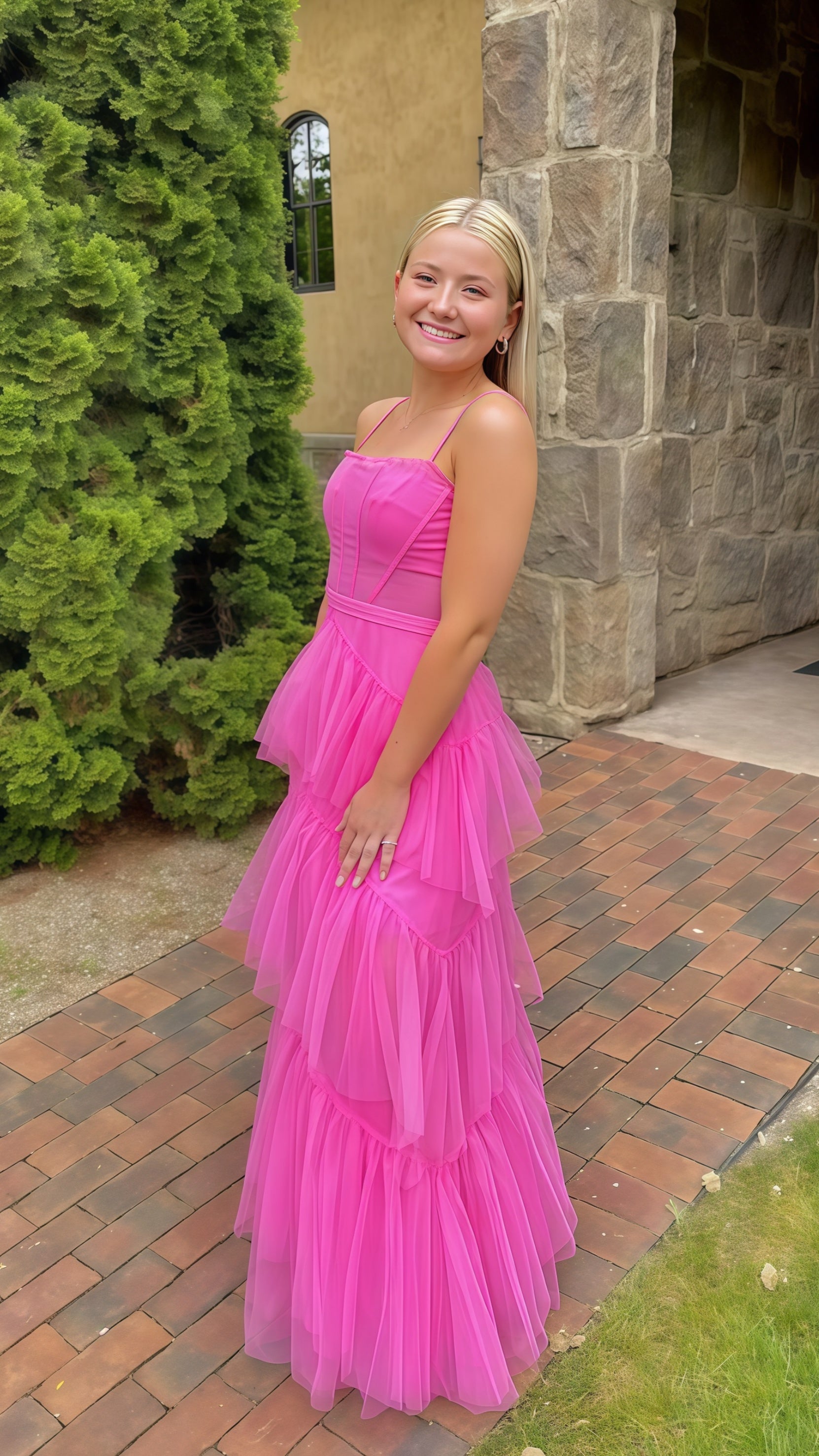 Pink Spaghetti Straps Tulle Long Formal Prom Dresses Formal Evening Dresses Ruffles Full Length Dresses