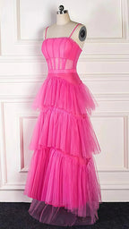Pink Spaghetti Straps Tulle Long Formal Prom Dresses Formal Evening Dresses Ruffles Full Length Dresses