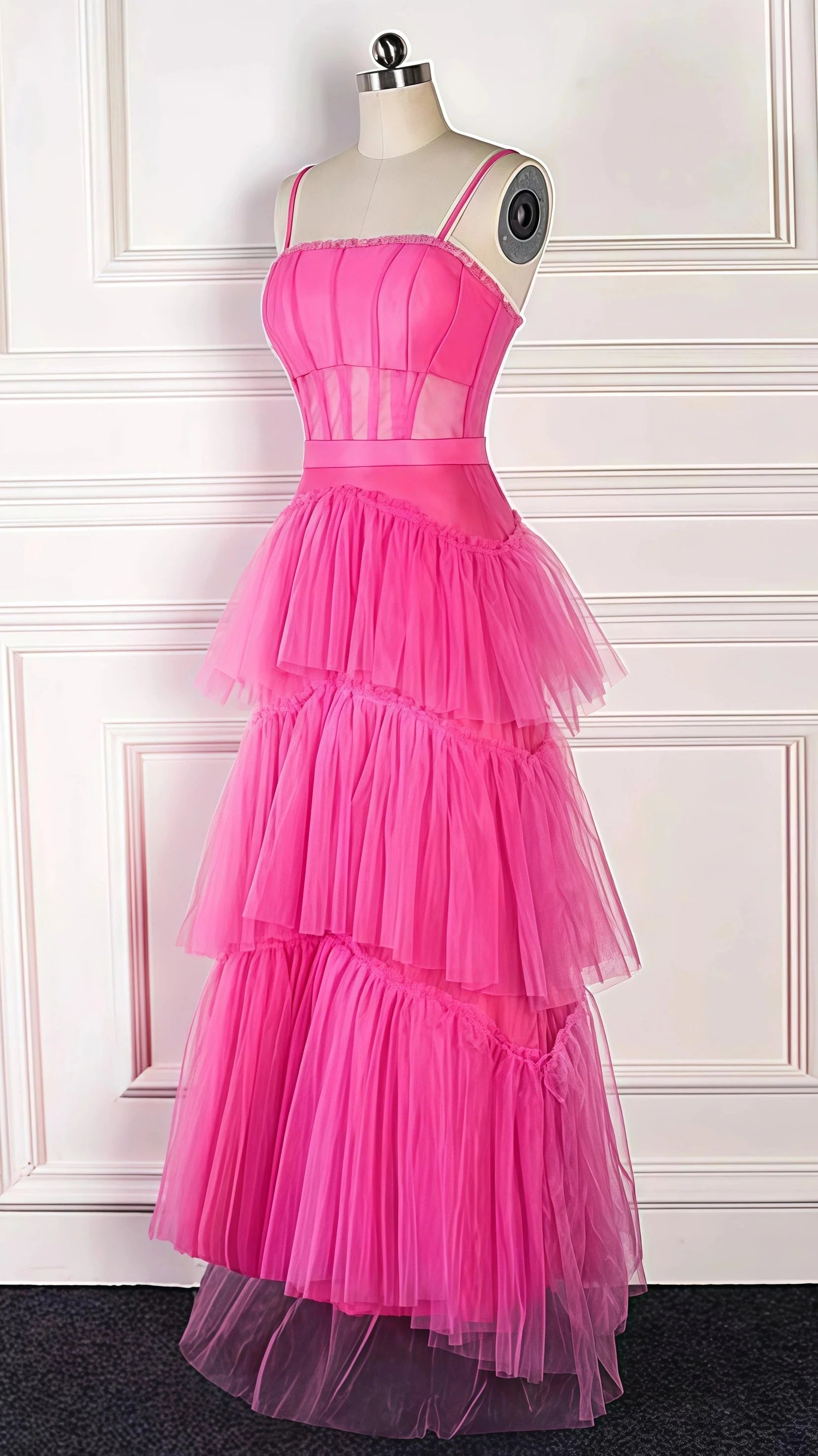 Pink Spaghetti Straps Tulle Long Formal Prom Dresses Formal Evening Dresses Ruffles Full Length Dresses