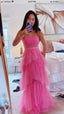 Pink Spaghetti Straps Tulle Long Formal Prom Dresses Formal Evening Dresses Ruffles Full Length Dresses