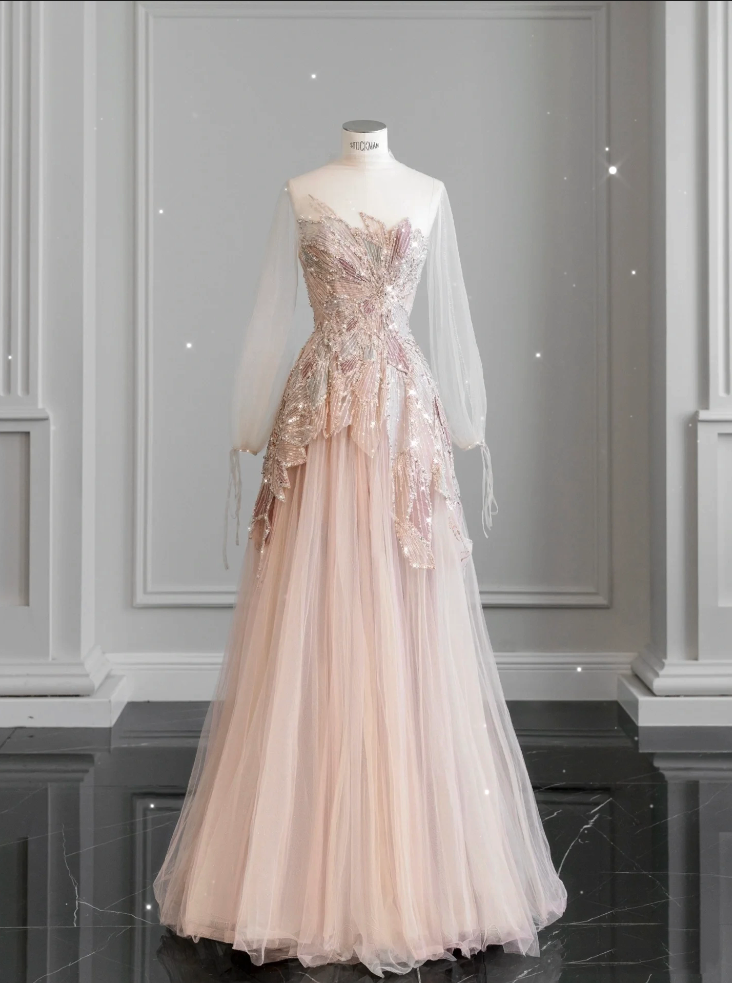 Pink StraplessTulle Ball Gown Beaded Shiny Formal Prom Dresses Pink Sweet 16 Dresses Secondary image