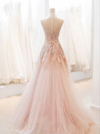 Pink StraplessTulle Ball Gown Beaded Shiny Formal Prom Dresses Pink Sweet 16 Dresses