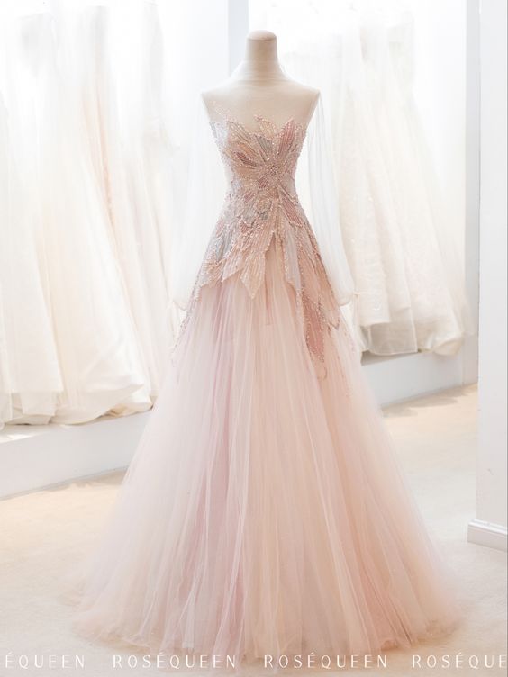 Pink StraplessTulle Ball Gown Beaded Shiny Formal Prom Dresses Pink Sweet 16 Dresses