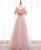 Pink Straps Lace Top Tulle Off Shoulder Party Dresses, Pink A-line Formal Dresses