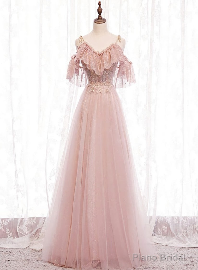 Pink Straps Lace Top Tulle Off Shoulder Party Dresses, Pink A-line Formal Dresses Secondary image