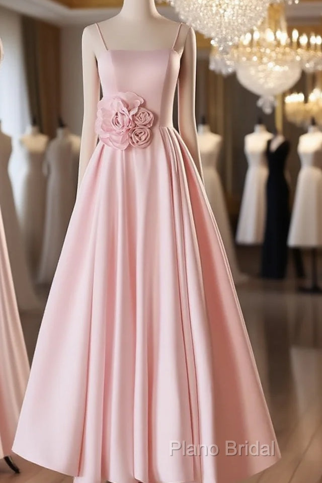 Pink Straps Sweetheart Long Satin Wedding Party Dresses, Pink Formal Dresses Formal Prom Dresses Main image