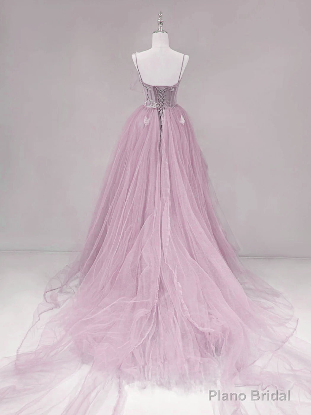 Pink Straps Tulle Chic Long Party Dress Formal Dress, Pink A-line Prom Dress Secondary image