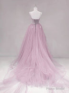 Pink Straps Tulle Chic Long Party Dress Formal Dress, Pink A-line Prom Dress