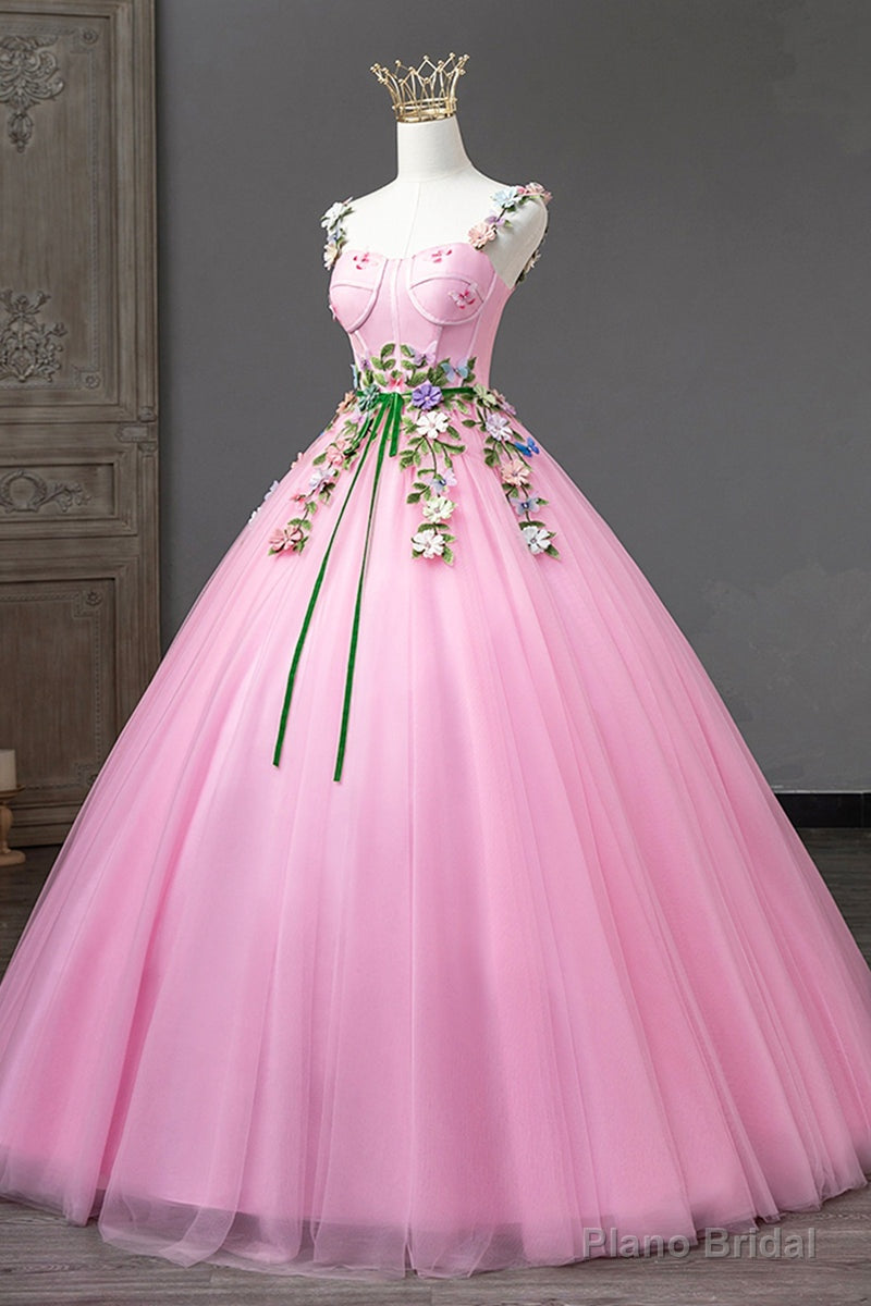Pink Straps Tulle Sweetheart Ball Gown with Flowers, Pink Formal Dress Prom Dress Main image