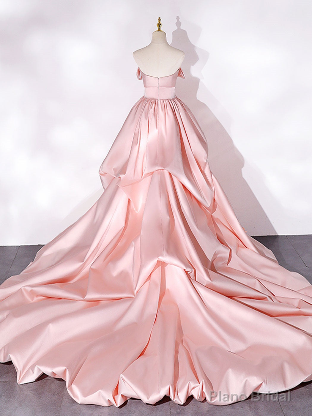Pink Sweep Train Satin Long Prom Dress, Pink Formal Evening Dresses