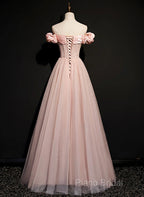 Pink Sweetheart Beaded Tulle Long Formal Prom Dresses, A-Line Pink Formal Dresses