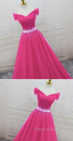Pink Sweetheart Beaded Tulle Off Shoulder Long Formal Prom Dresses, Pink Formal Dresses