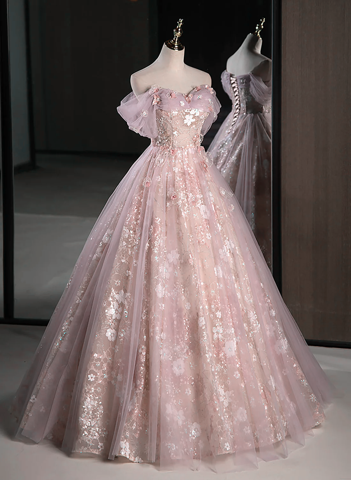 Pink Sweetheart Floral Lace And Tulle Formal Prom Dresses, Pink Sweetheart Long Party Dresses Secondary image