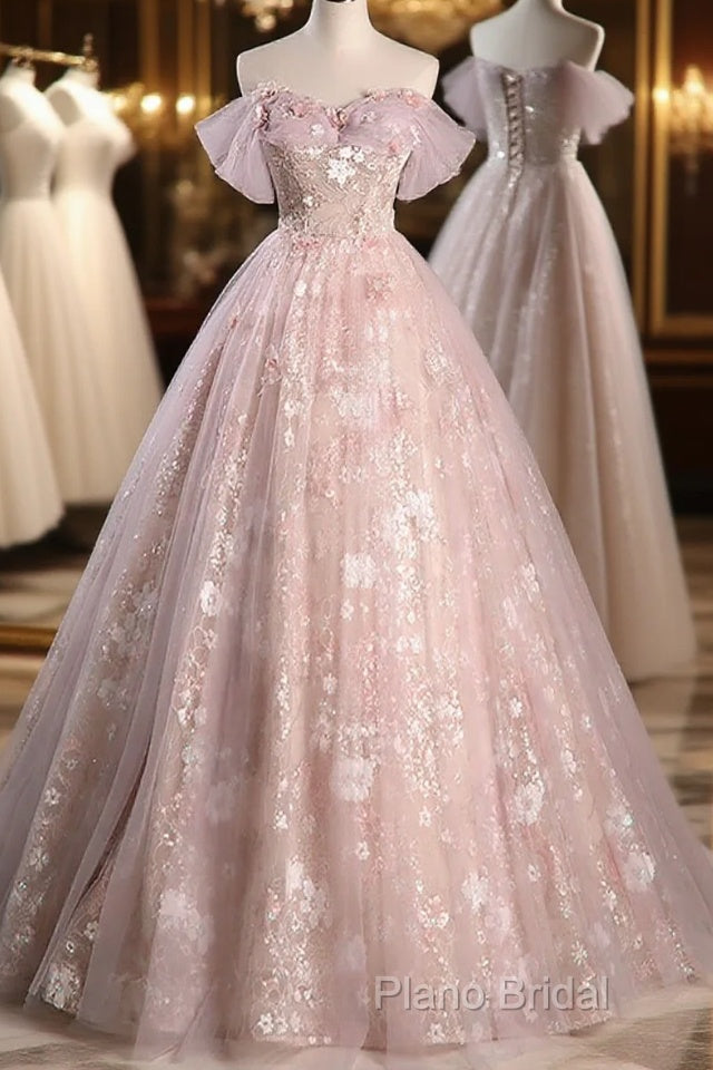 Pink Sweetheart Floral Lace And Tulle Formal Prom Dresses, Pink Sweetheart Long Party Dresses Main image