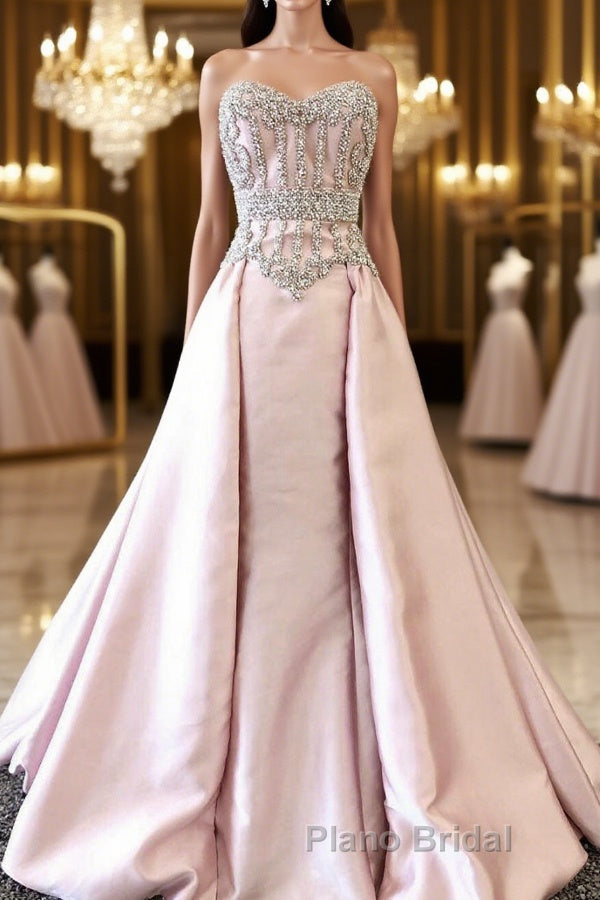 pink sweetheart neck beads long Formal Prom dress, pink evening dress Main image