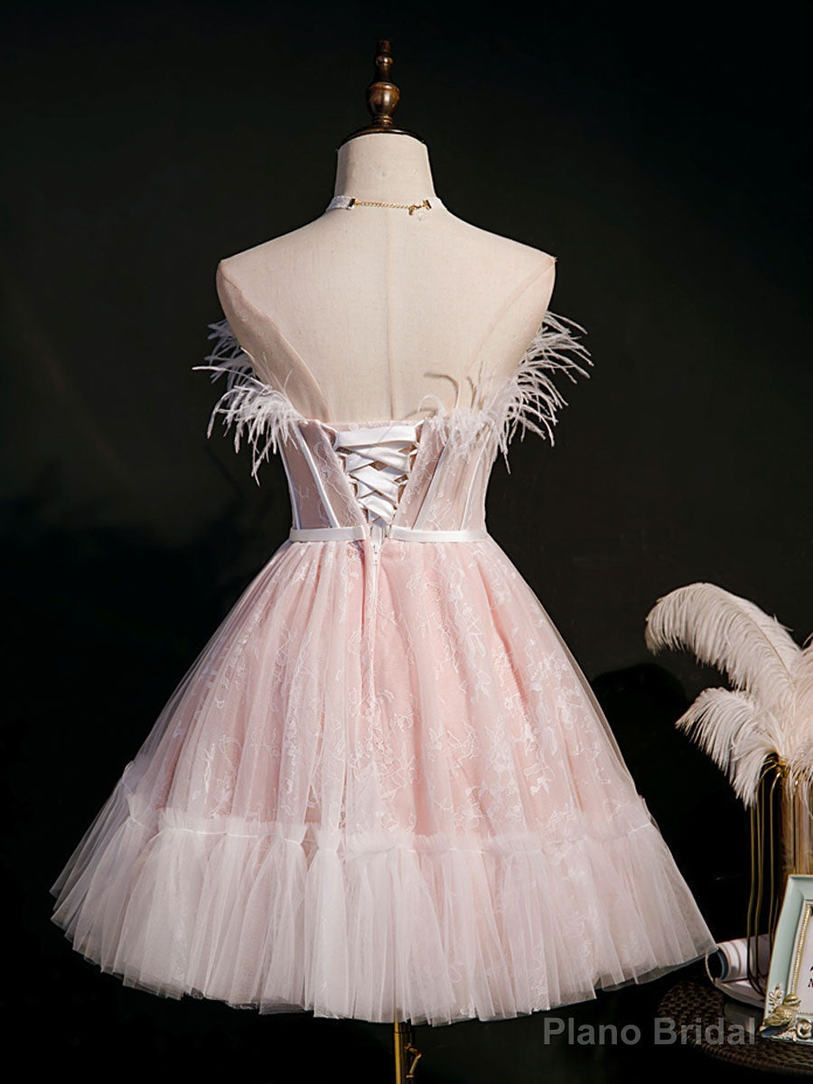 Pink Sweetheart Neck Tulle Lace Short Prom Dress, Puffy Pink Homecoming Dress Secondary image