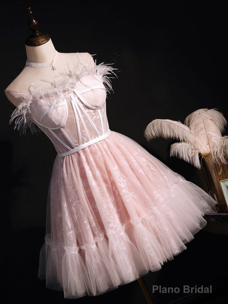 Pink Sweetheart Neck Tulle Lace Short Prom Dress, Puffy Pink Homecoming Dress