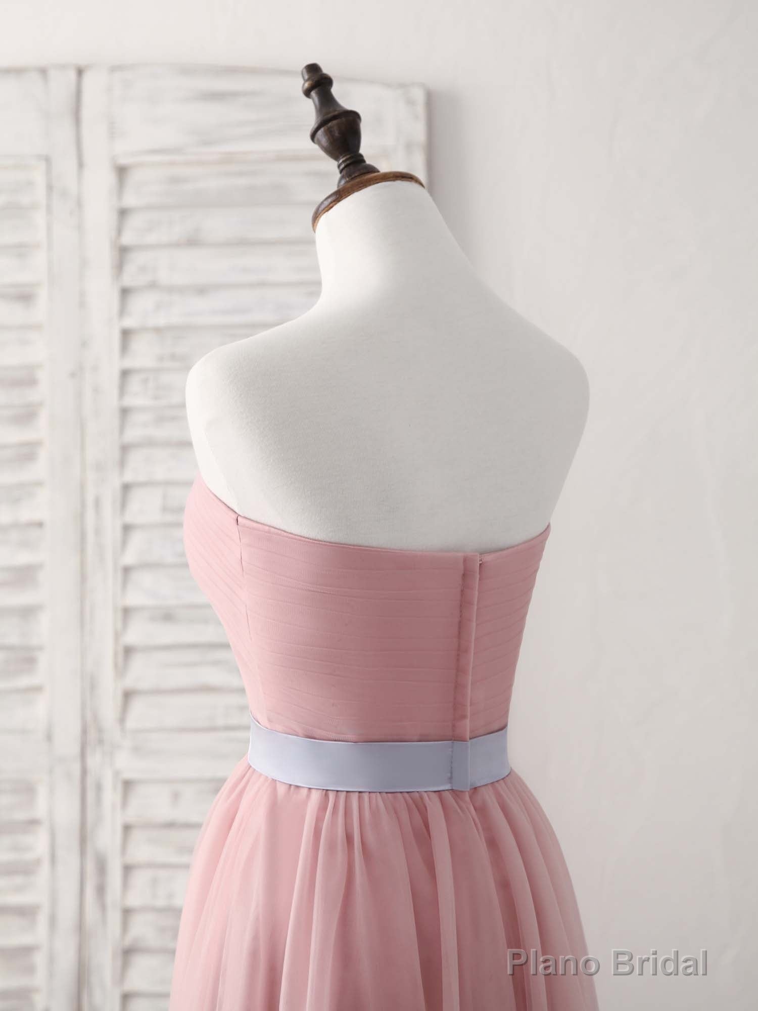 Pink Sweetheart Neck Tulle Long Prom Dress, Aline Pink Bridesmaid Dress