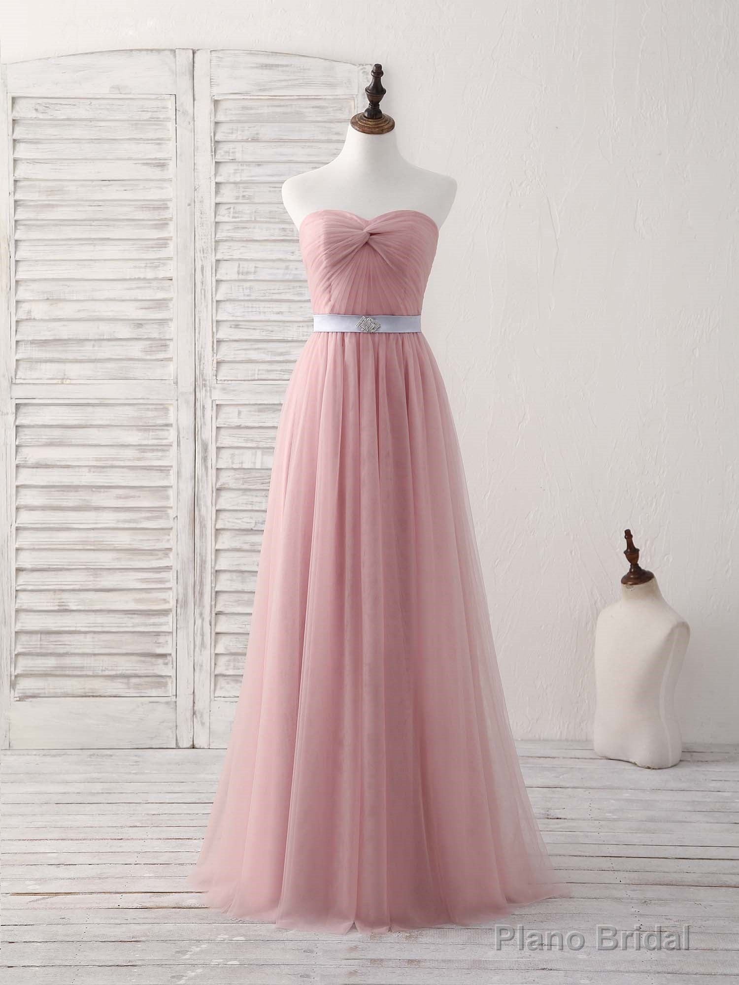 Pink Sweetheart Neck Tulle Long Prom Dress, Aline Pink Bridesmaid Dress Main image