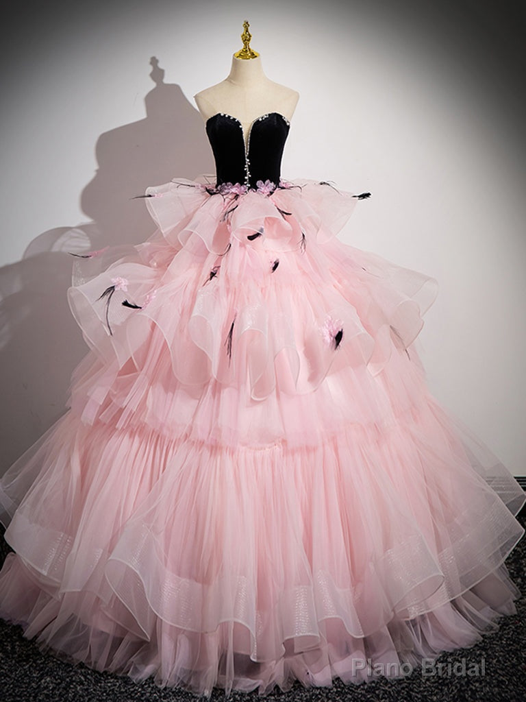 Pink Sweetheart Neck Tulle Long Prom Dress, Pink Long Prom Gown Main image